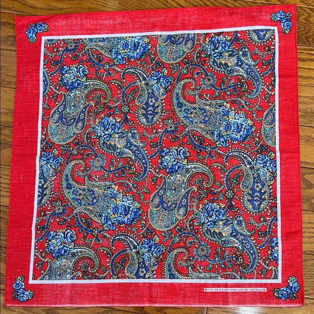 NWOT‎ Vtg 70s/80s Wamcraft Red & Blue Floral Paisley Cotton/Polyester Bandanna
